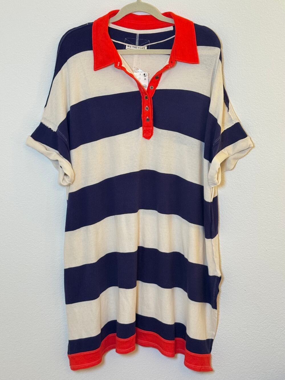 Free People Prime Time Rugby Maxi Tee NEW Medium Red Blue Patriotic 4th of July